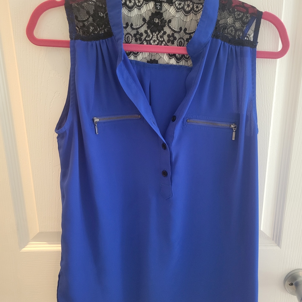 XOXO Cobalt Blouse with Black Lace Detail